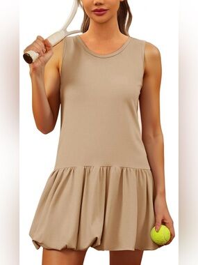 Sleeveless Bubble Hem Tennis Dress in Beige